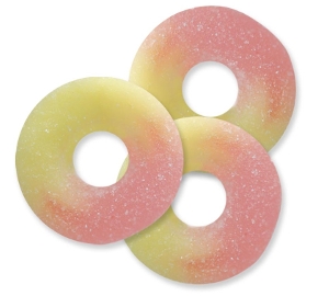 Albanese Strawberry Banana Gummi Rings  are gummy candy in pink and yellow